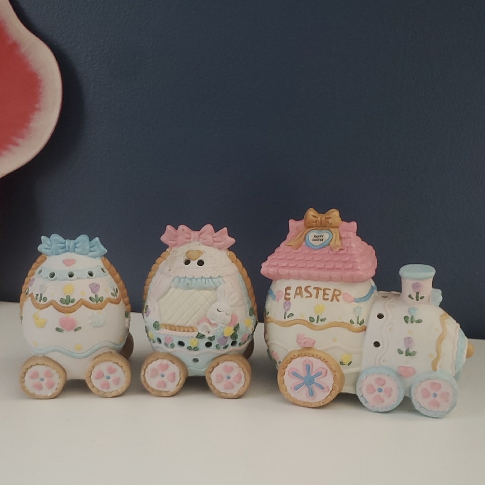 Vintage Easter Train Ceramic Porcelain Centerpiece “Be My Bunny Love” Pastel